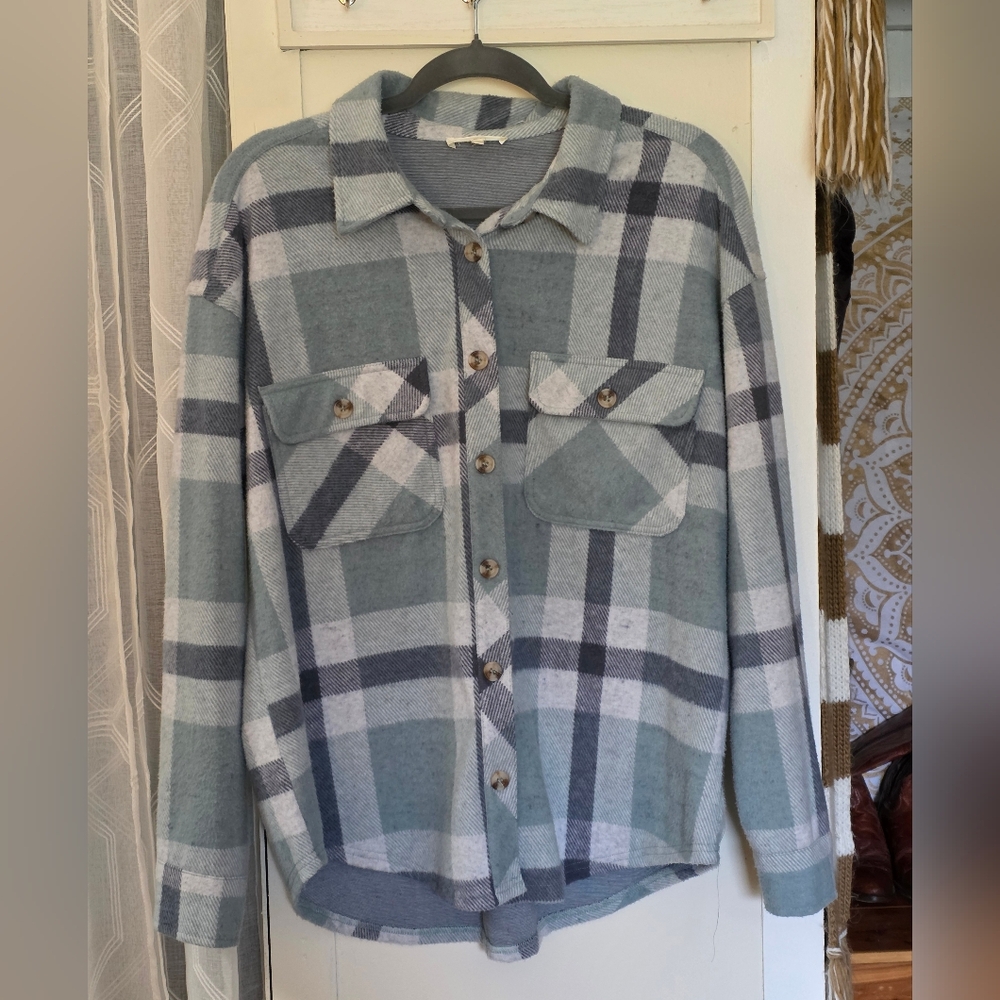 Plaid Button-Up Teal And Grey